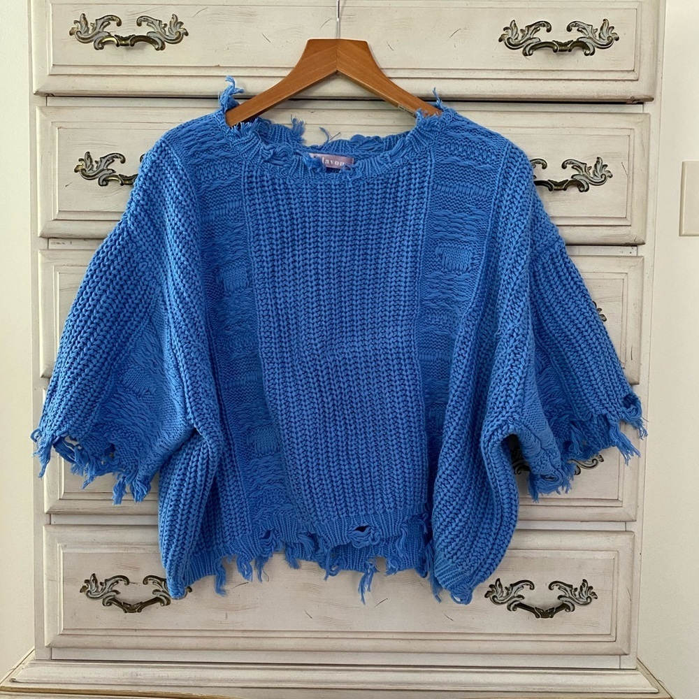 Vici Distressed Chunky Knit Sweater in Bright Blue